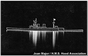 H.M.S. Hood framed in light, 1935