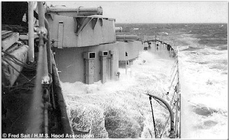 H.M.S. Hood during rough weather in the Bay of Biscay, 1937 or 1938