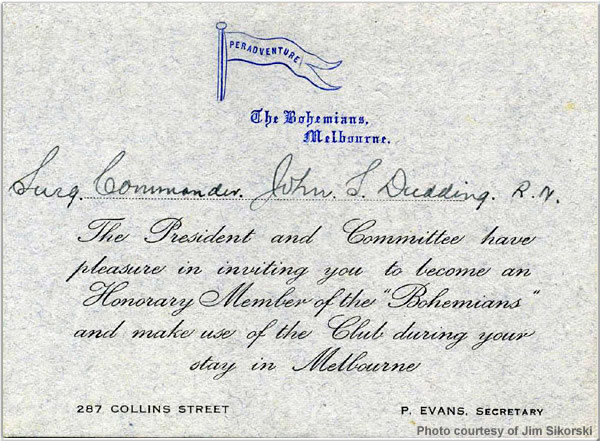 Honorary Membership invitation to the Bohemians, Melbourne, Australia, March 1924