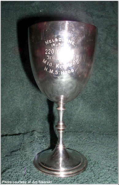 Trophy cup won by Midshipman Kennedy, H.M.S. Hood, during a sporting event in Melbournce, Australia, 1924