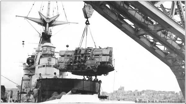 Aft pom pom being fitted to H.M.S. Hood, late 1937