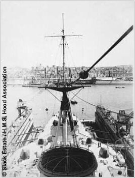 H.M.S. Hood in the floating drydock at Malta, 1937